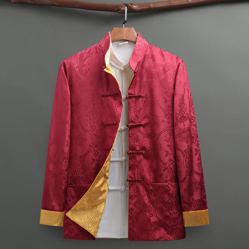 Buddha Stones Men's Frog-Button Tang Suit Koi Fish Pattern Long Sleeve Shirt With Pockets - Red+Yellow - US/UK/AU42，EU52 (3XL) - image 9