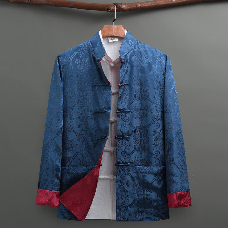 Buddha Stones Men's Frog-Button Tang Suit Koi Fish Pattern Long Sleeve Jacket Shirt With Pockets - CornflowerBlue - US/UK/AU42，EU52 (3XL) - image 12