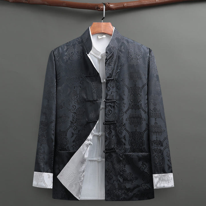 Buddha Stones Men's Frog-Button Tang Suit Koi Fish Pattern Long Sleeve Shirt With Pockets - Gray - US/UK/AU42，EU52 (3XL) - image 10