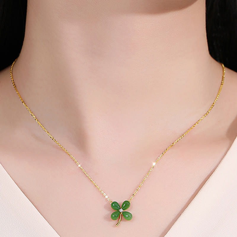 Buddha Stones Jade 925 Sterling Silver Four Leaf Clover Luck Necklace Pendant