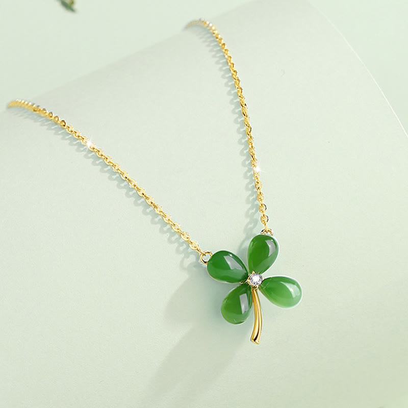 Buddha Stones Jade 925 Sterling Silver Four Leaf Clover Luck Necklace Pendant