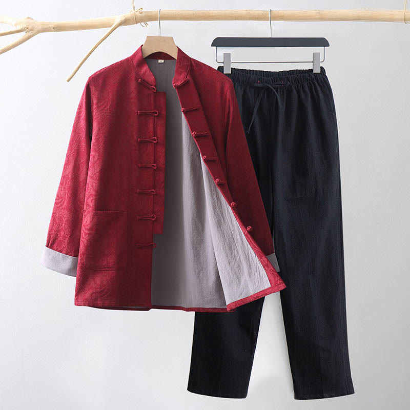 Buddha Stones 2Pcs Men's Tang Suit Jacquard Vine Pattern Frog-Button Cotton Long Sleeve Shirt Pants Set - Crimson - US/UK/AU44，EU54 (4XL) - image 9