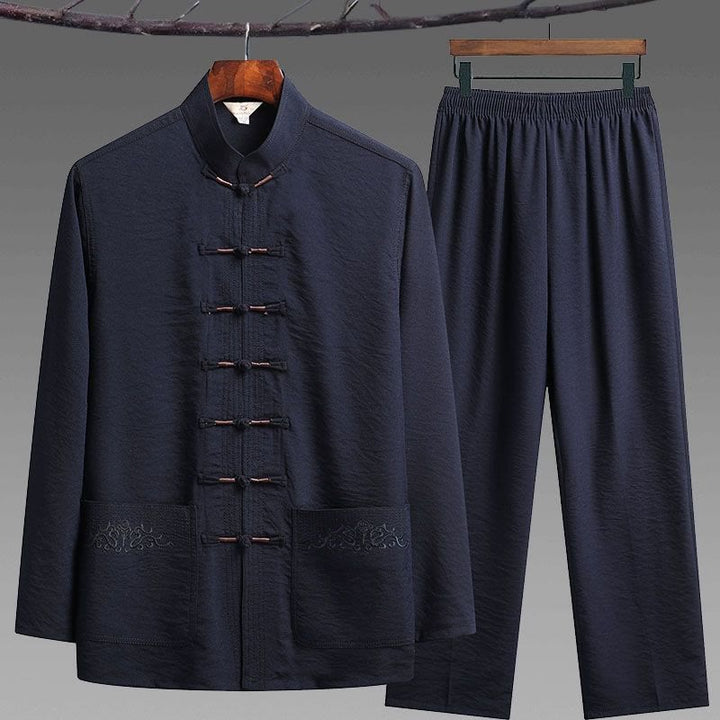 Buddha Stones 2Pcs Plain Tang Suit Men's Frog-Button Long Sleeve Shirt Pants Set - SteelBlue - 2Pcs Set - US/UK/AU42，EU52 (4XL) - image 0
