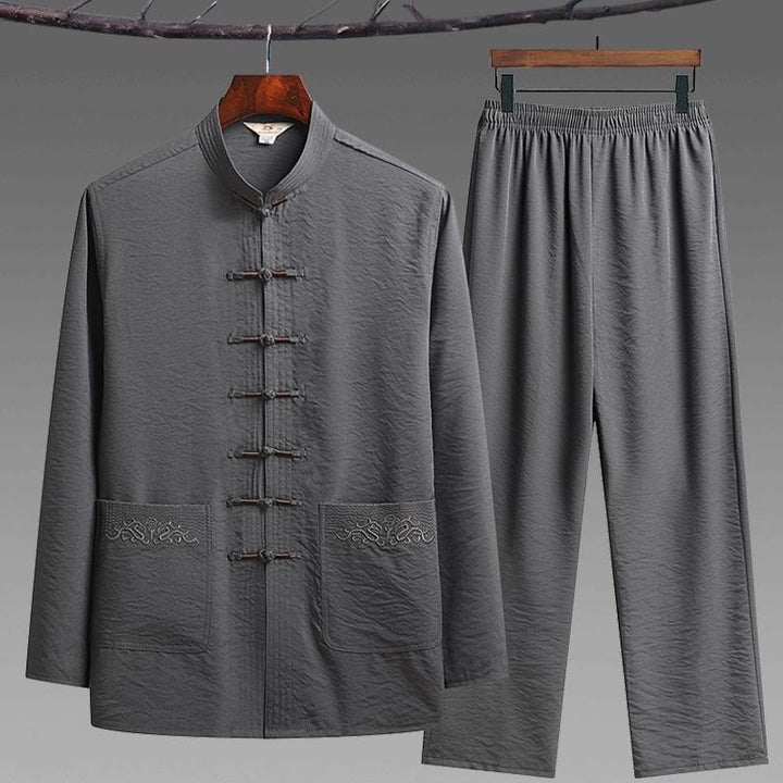Buddha Stones 2Pcs Plain Tang Suit Men's Frog-Button Long Sleeve Shirt Pants Set - Gray - 2Pcs Set - US/UK/AU42，EU52 (4XL) - image 2