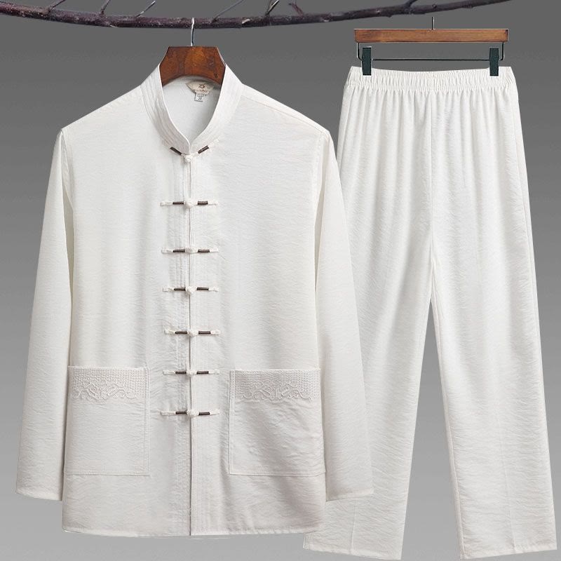 Buddha Stones 2Pcs Plain Tang Suit Men's Frog-Button Long Sleeve Shirt Pants Set - White - 2Pcs Set - US/UK/AU44，EU54 (4XL) - image 14