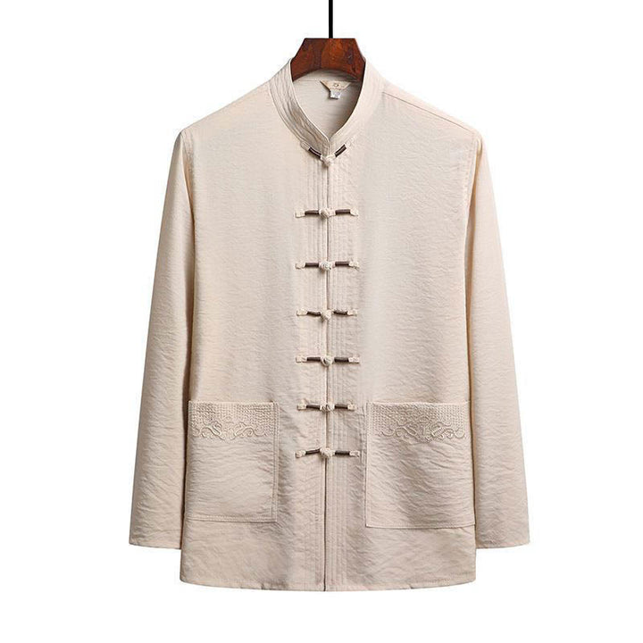 Buddha Stones 2Pcs Plain Tang Suit Men's Frog-Button Long Sleeve Shirt Pants Set - Bisque - Shirt - US/UK/AU44，EU54 (4XL) - image 19