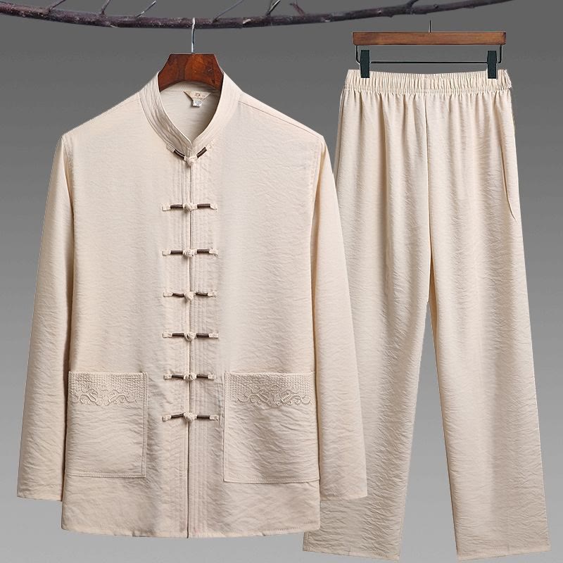 Buddha Stones 2Pcs Plain Tang Suit Men's Frog-Button Long Sleeve Shirt Pants Set