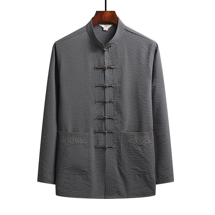 Buddha Stones 2Pcs Plain Tang Suit Men's Frog-Button Long Sleeve Shirt Pants Set - Gray - Shirt - US/UK/AU44，EU54 (4XL) - image 5