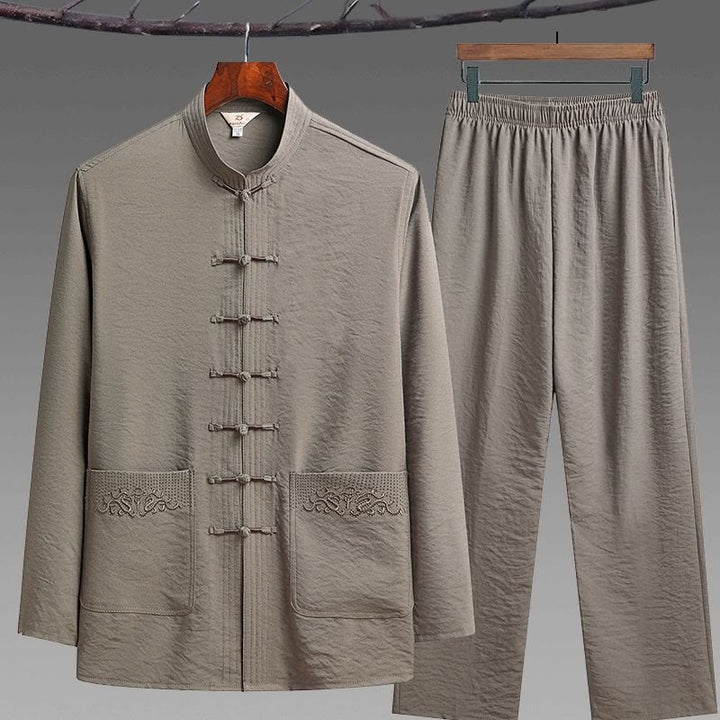 Buddha Stones 2Pcs Plain Tang Suit Men's Frog-Button Long Sleeve Shirt Pants Set - Tan - 2Pcs Set - US/UK/AU44，EU54 (4XL) - image 16