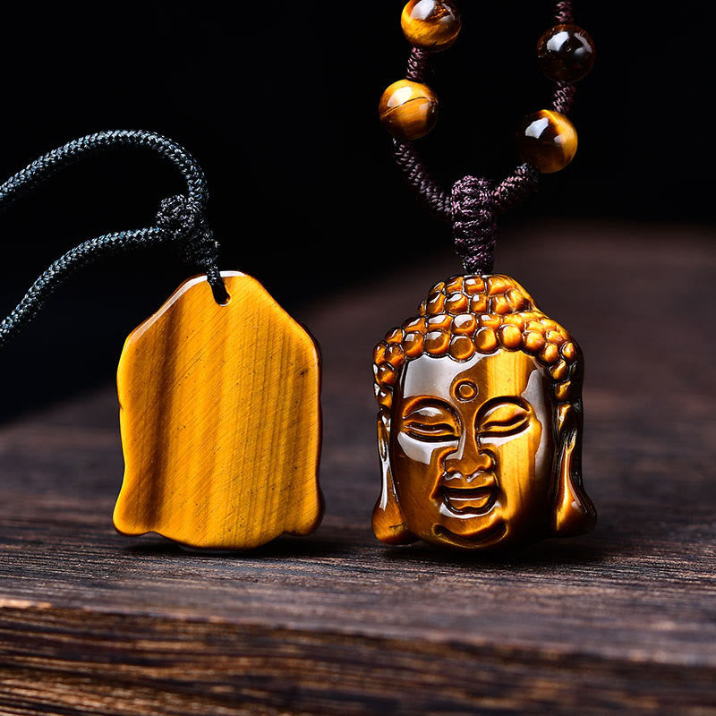 Buddha Stones Tiger Eye String Buddha Head Courage Necklace Pendant