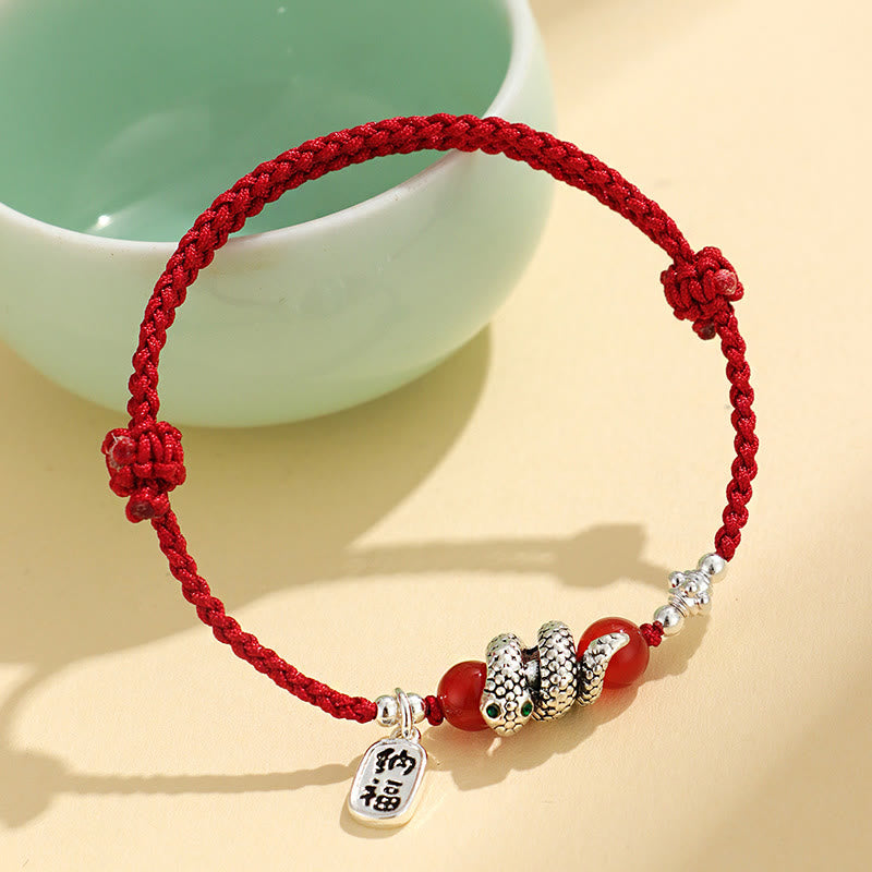 Buddha Stones Copper Fu Character Year Of The Snake Red String Luck Bracelet