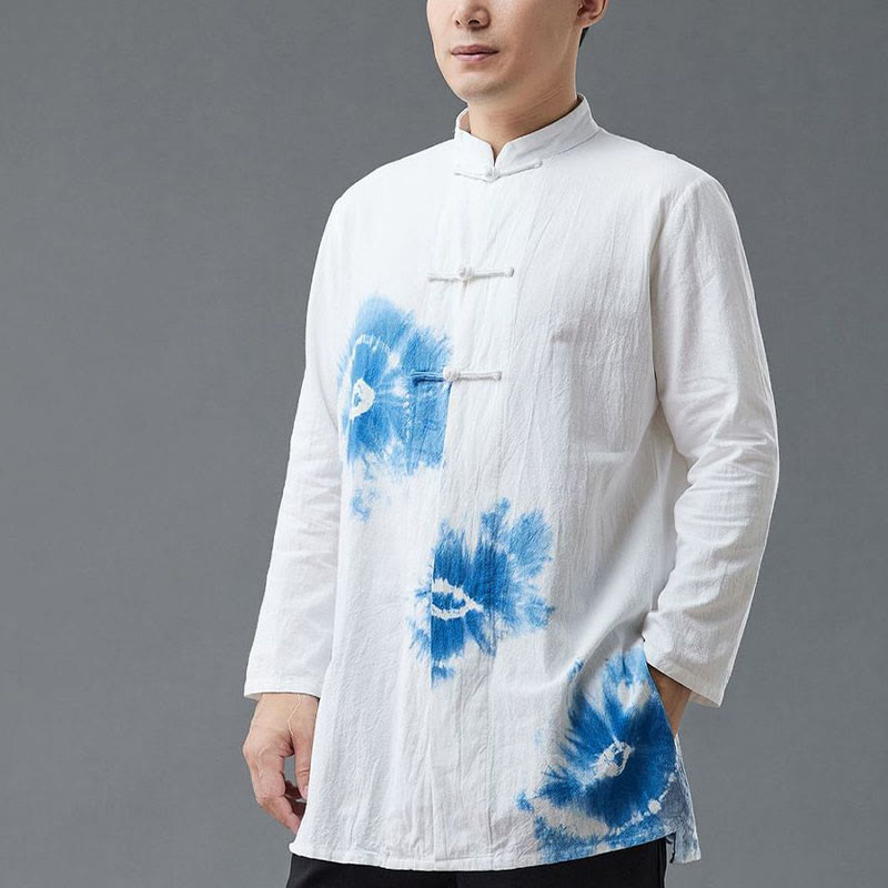 Buddha Stones Men's Frog-Button Chinese Tang Suit Tie Dye Gradient Flowers Shirt Cotton Linen Clothing