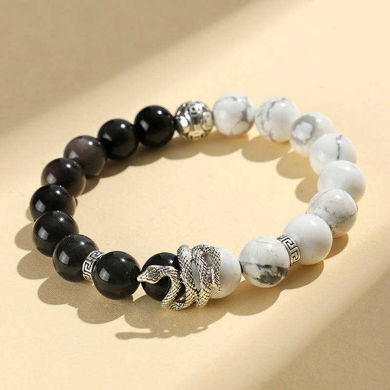 Buddha Stones Natural Silver Sheen Obsidian White Turquoise Grey Jasper Snowflake Obsidian Year Of The Snake Protection Bracelet