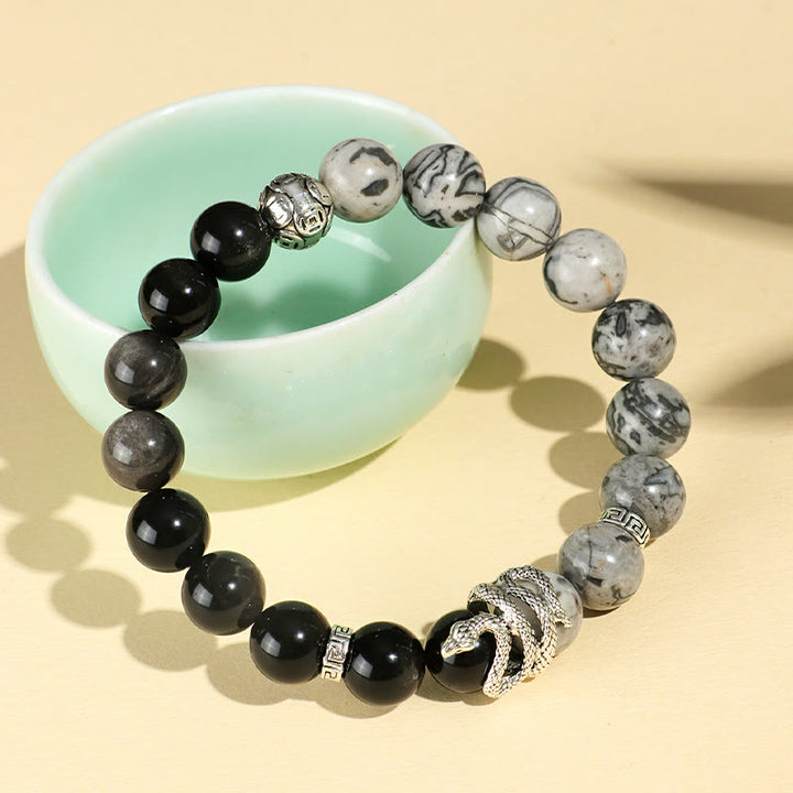 Buddha Stones Natural Silver Sheen Obsidian White Turquoise Grey Jasper Snowflake Obsidian Year Of The Snake Protection Bracelet