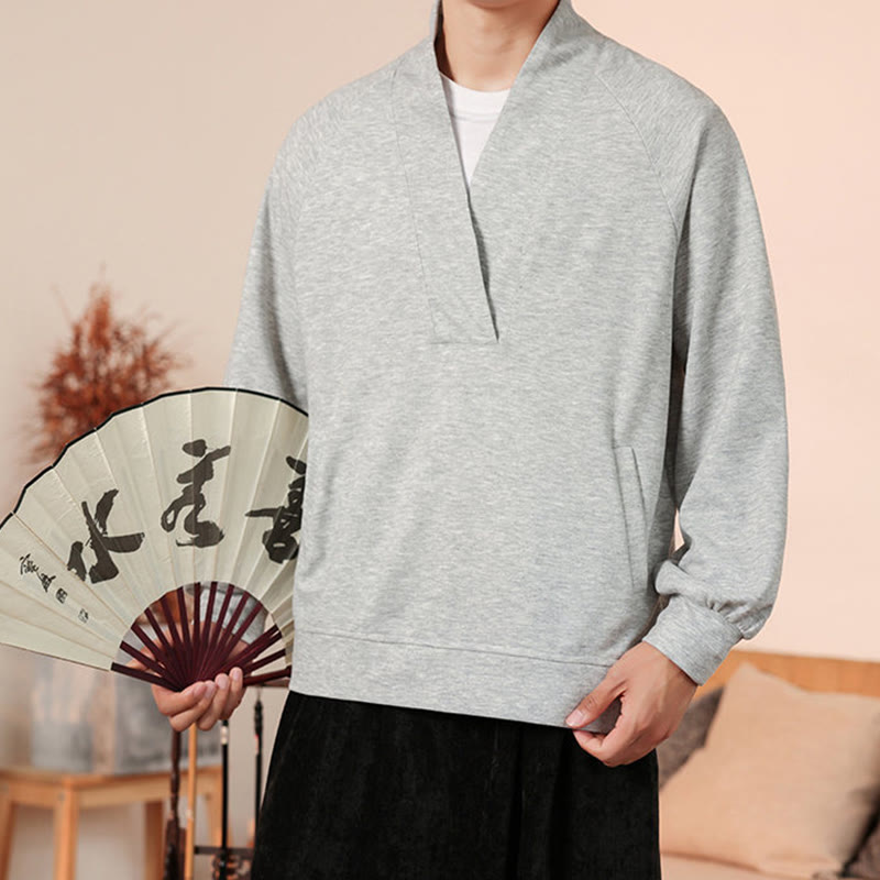 Buddha Stones Fall Simple V-Neck Men's Sweatshirt Cotton Pullover With Pockets