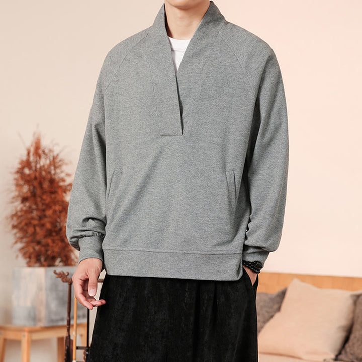 Buddha Stones Fall Simple V-Neck Men's Sweatshirt Cotton Pullover With Pockets