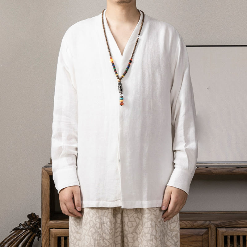 Buddha Stones V-Neck Men's Linen Long Sleeve Shirt Zen Clothing