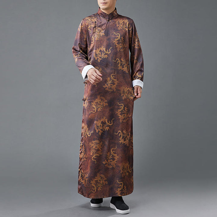 Buddha Stones Vintage Chinese Frog-Button Tang Suit Men's Dragon Cotton Robe