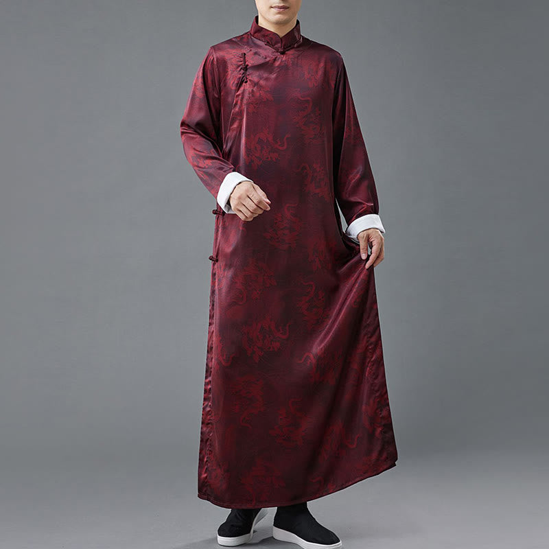 Buddha Stones Vintage Chinese Frog-Button Tang Suit Men's Dragon Cotton Robe