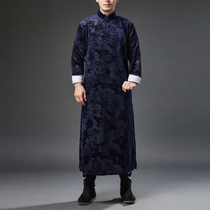 Buddha Stones Vintage Fall Winter Chinese Frog-Button Tang Suit Men's Dragon Jacquard Robe With Pockets