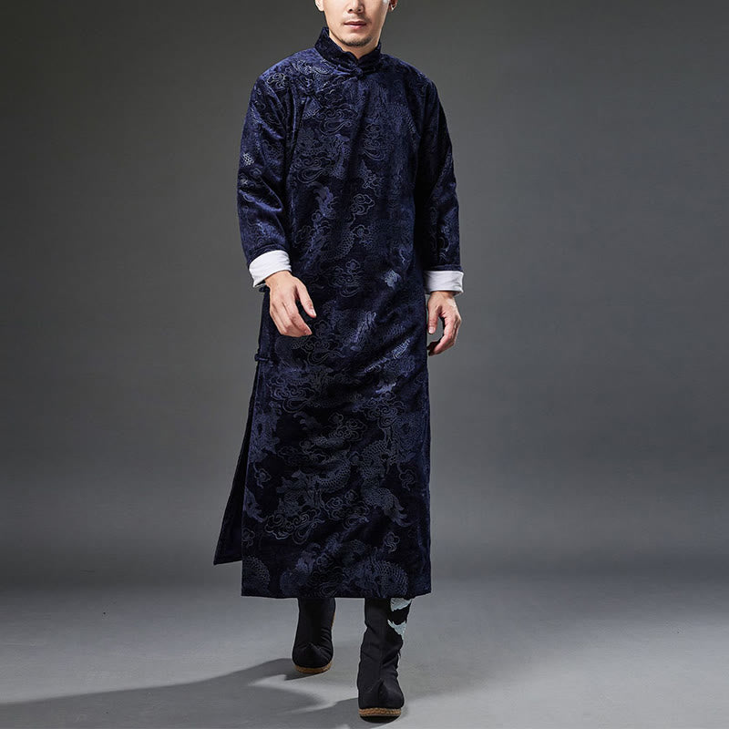 Buddha Stones Vintage Fall Winter Chinese Frog-Button Tang Suit Men's Dragon Jacquard Robe With Pockets