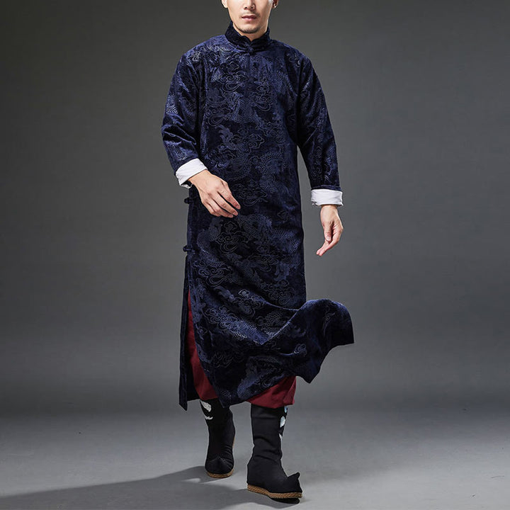 Buddha Stones Vintage Fall Winter Chinese Frog-Button Tang Suit Men's Dragon Jacquard Robe With Pockets