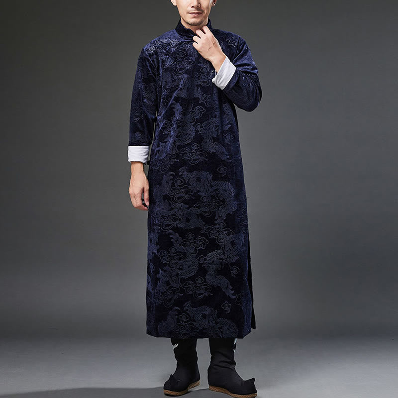 Buddha Stones Vintage Fall Winter Chinese Frog-Button Tang Suit Men's Dragon Jacquard Robe With Pockets