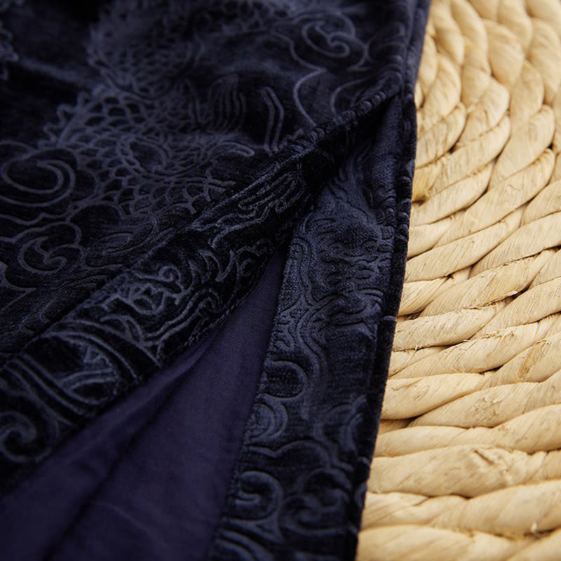 Buddha Stones Vintage Fall Winter Chinese Frog-Button Tang Suit Men's Dragon Jacquard Robe With Pockets - image 11