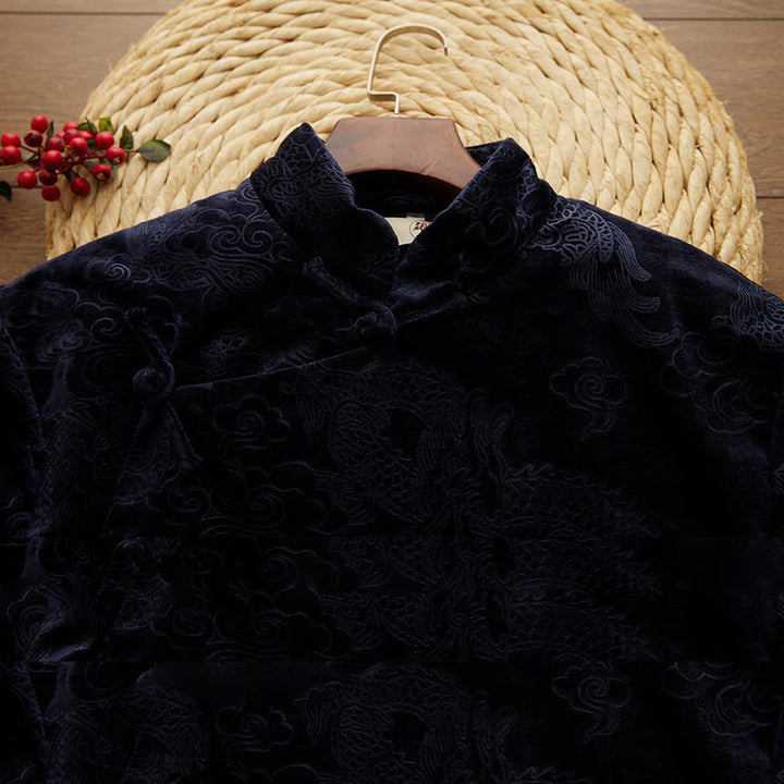 Buddha Stones Vintage Fall Winter Chinese Frog-Button Tang Suit Men's Dragon Jacquard Robe With Pockets - image 9