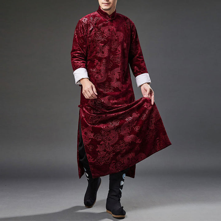 Buddha Stones Vintage Fall Winter Chinese Frog-Button Tang Suit Men's Dragon Jacquard Robe With Pockets - image 20