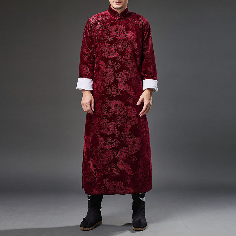 Buddha Stones Vintage Fall Winter Chinese Frog-Button Tang Suit Men's Dragon Jacquard Robe With Pockets - Crimson - US/UK/AU38，EU48 (XL) - image 18