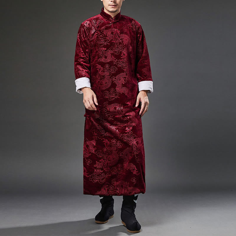 Buddha Stones Vintage Fall Winter Chinese Frog-Button Tang Suit Men's Dragon Jacquard Robe With Pockets - image 24
