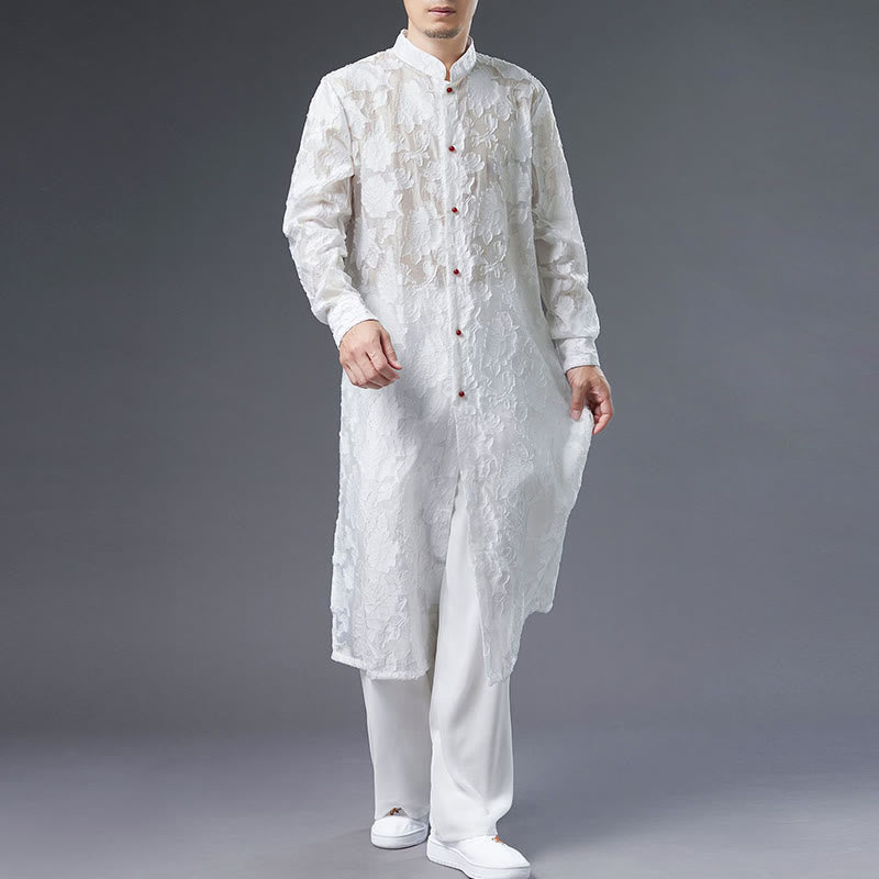 Buddha Stones Fall Peony Flowers Button Down Cotton Coat Men's Tang Suit Robe