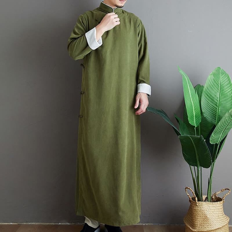 Buddha Stones Fall Solid Color Chinese Frog-Button Cotton Men's Tang Suit Robe - image 2