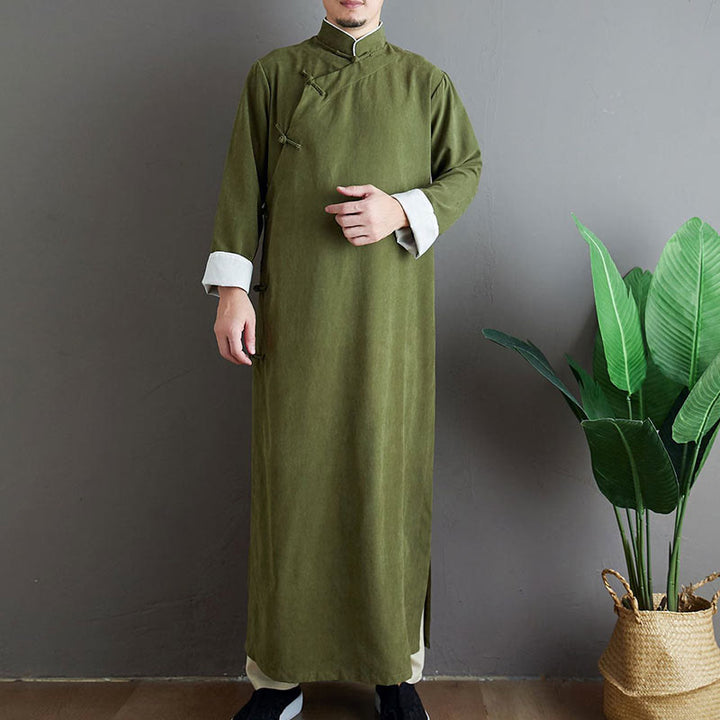 Buddha Stones Fall Solid Color Chinese Frog-Button Cotton Men's Tang Suit Robe - OliveDrab - US/UK/AU38，EU48 (XL) - image 0