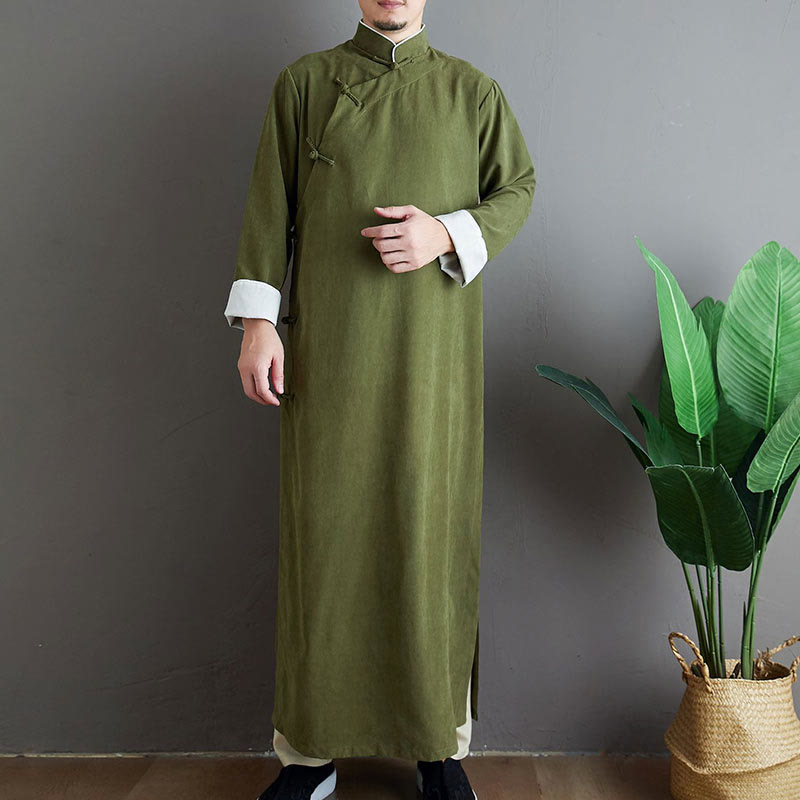 Buddha Stones Fall Solid Color Chinese Frog-Button Men's Tang Suit Robe - OliveDrab - US/UK/AU38，EU48 (XL) - image 0