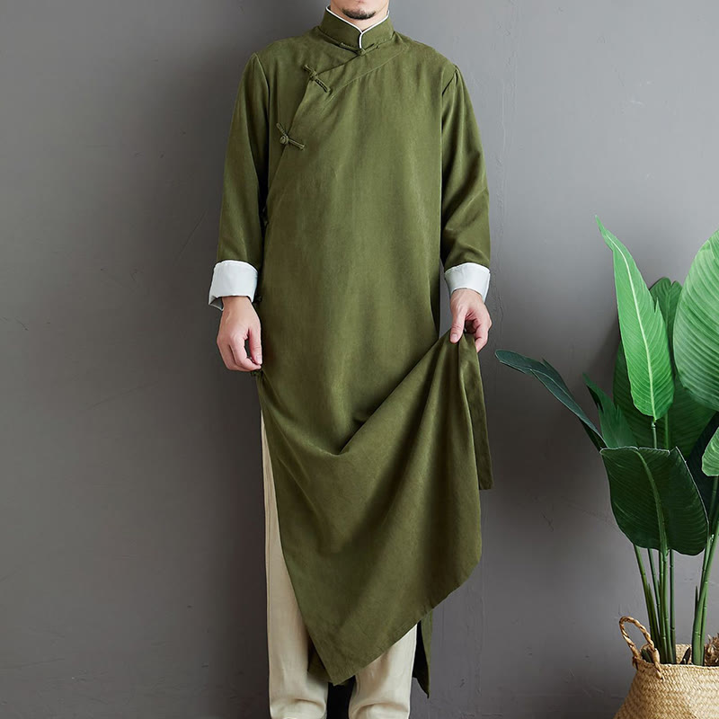 Buddha Stones Fall Solid Color Chinese Frog-Button Cotton Men's Tang Suit Robe - image 5