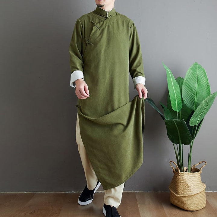 Buddha Stones Fall Solid Color Chinese Frog-Button Men's Tang Suit Robe - image 7