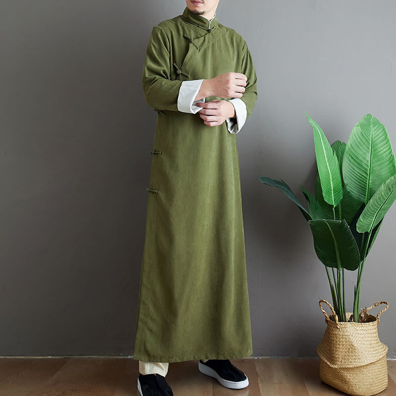 Buddha Stones Fall Solid Color Chinese Frog-Button Cotton Men's Tang Suit Robe - image 8