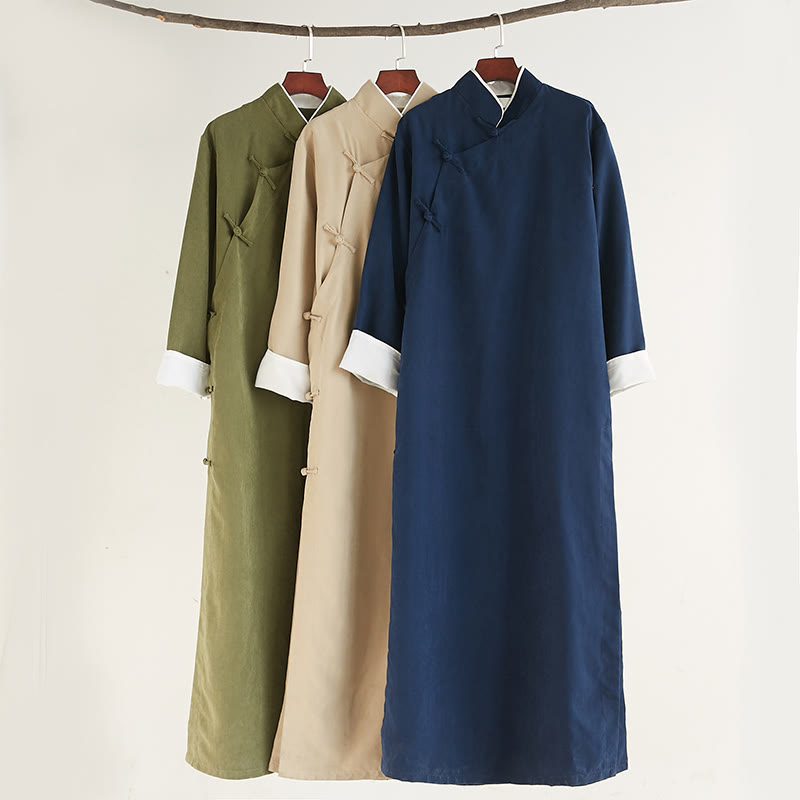 Buddha Stones Fall Solid Color Chinese Frog-Button Men's Tang Suit Robe - image 1