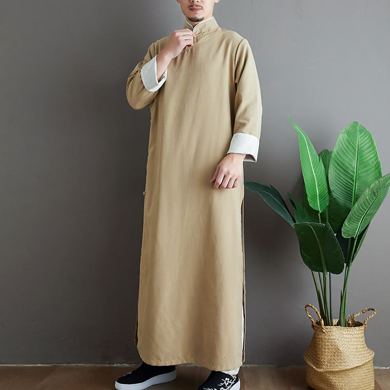 Buddha Stones Fall Solid Color Chinese Frog-Button Cotton Men's Tang Suit Robe - image 11