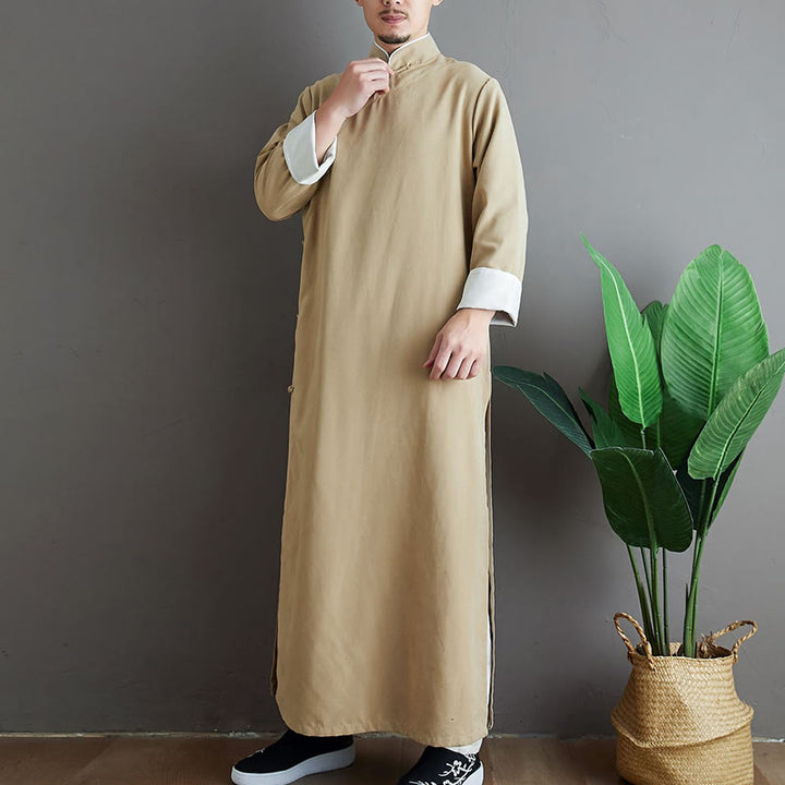 Buddha Stones Fall Solid Color Chinese Frog-Button Cotton Men's Tang Suit Robe - image 11