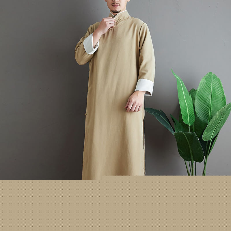 Buddha Stones Fall Solid Color Chinese Frog-Button Men's Tang Suit Robe - image 11