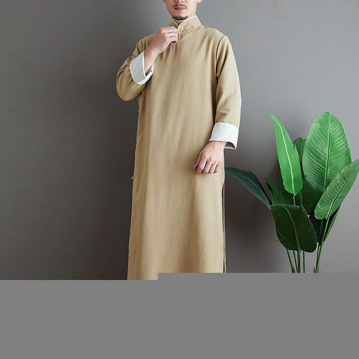 Buddha Stones Fall Solid Color Chinese Frog-Button Men's Tang Suit Robe - image 11