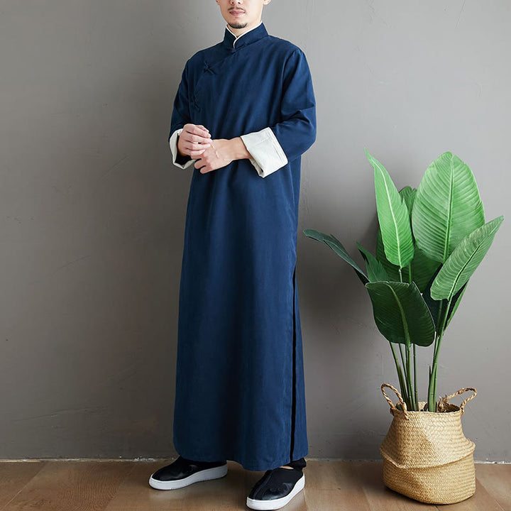 Buddha Stones Fall Solid Color Chinese Frog-Button Cotton Men's Tang Suit Robe - image 22