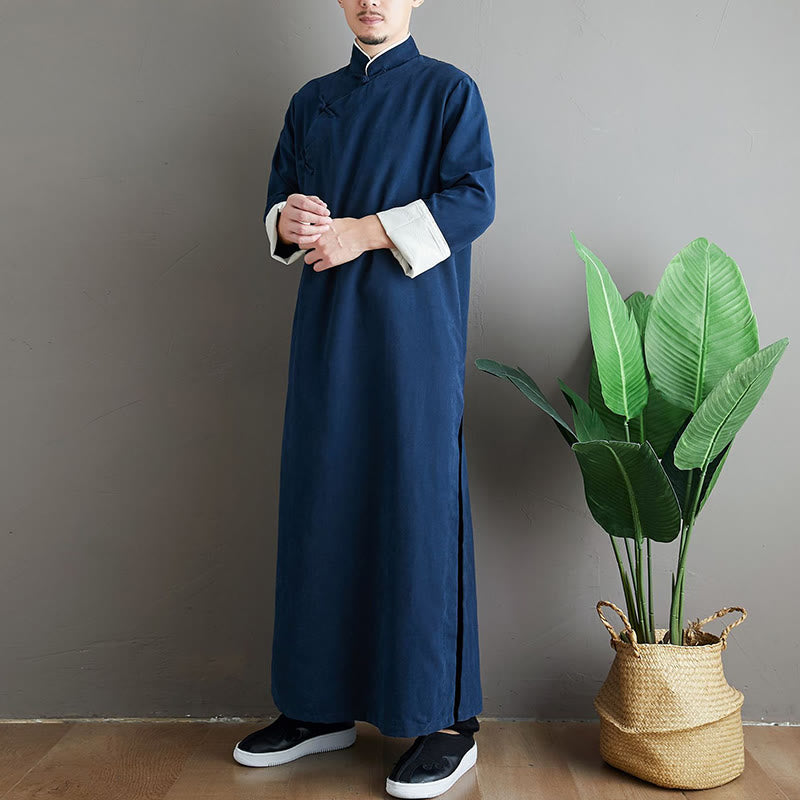 Buddha Stones Fall Solid Color Chinese Frog-Button Cotton Men's Tang Suit Robe - image 22