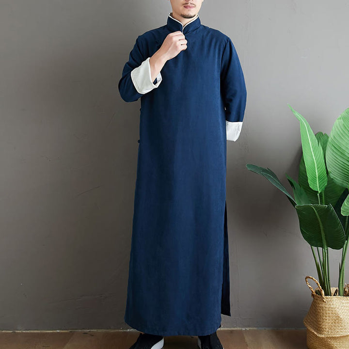 Buddha Stones Fall Solid Color Chinese Frog-Button Cotton Men's Tang Suit Robe - image 24