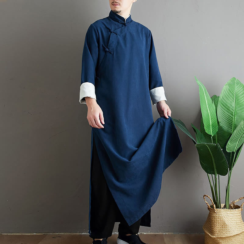 Buddha Stones Fall Solid Color Chinese Frog-Button Men's Tang Suit Robe - image 21