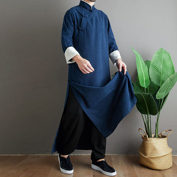 Buddha Stones Fall Solid Color Chinese Frog-Button Men's Tang Suit Robe - image 26