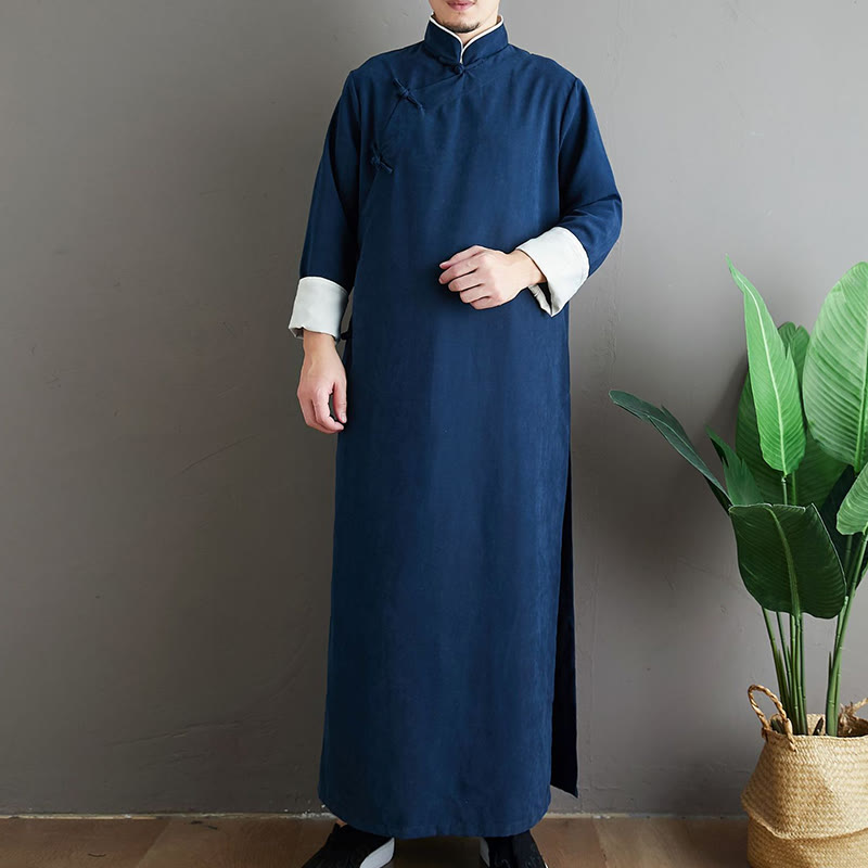 Buddha Stones Fall Solid Color Chinese Frog-Button Men's Tang Suit Robe - image 25